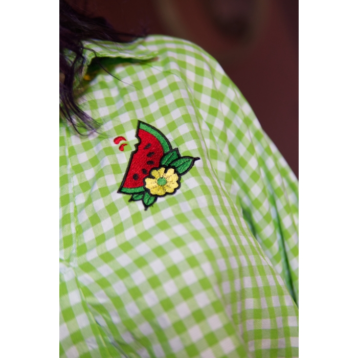 Camisa de de mujer con cuadros vichy, verde lima, manga larga, estilo vintage, pin-up, bordada