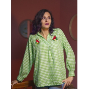 Camisa de de mujer con cuadros vichy, verde lima, manga larga, estilo vintage, pin-up, bordada