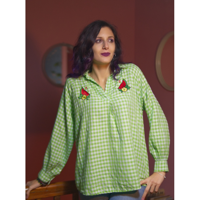 Camisa de de mujer con cuadros vichy, verde lima, manga larga, estilo vintage, pin-up, bordada