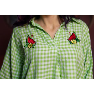 Camisa de de mujer con cuadros vichy, verde lima, manga larga, estilo vintage, pin-up, bordada