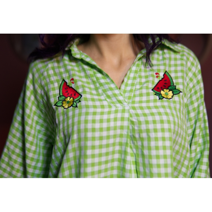 Camisa de de mujer con cuadros vichy, verde lima, manga larga, estilo vintage, pin-up, bordada