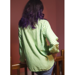 Camisa de de mujer con cuadros vichy, verde lima, manga larga, estilo vintage, pin-up, bordada