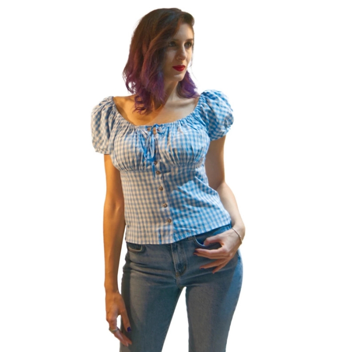 Blusa cuadros vichy azul rockabilly/pin-up. Con cordon en escote.