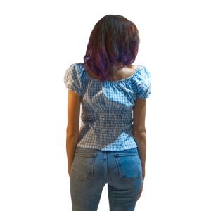 Blusa cuadros vichy azul rockabilly/pin-up. Con cordon en escote.