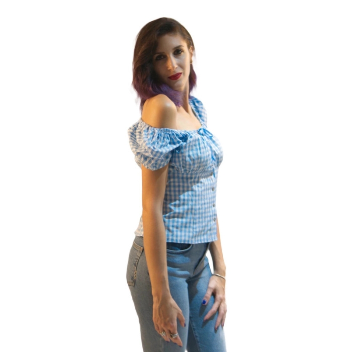 Blusa cuadros vichy azul rockabilly/pin-up. Con cordon en escote.