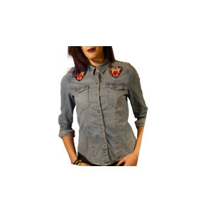 Camisa denim manga larga, de mujer, bordada, terciopelo leopardo.