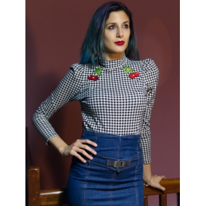 Blusa upcycled de manga larga, con hombros bombachos, a cuadros vichy, bordada. Retro, rockabilly