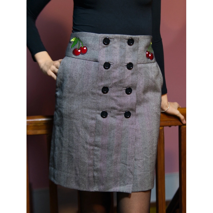 Falda por la rodilla, elegante, con 6 botones negros, bolsillos, bordada, upcycled. Retro