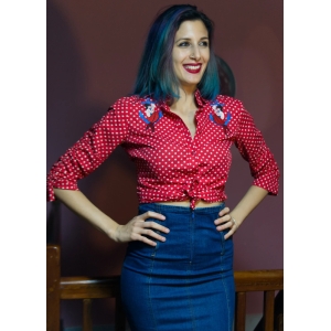 Camisa de lunares con mangas 3/4, roja, bordada, custom, estilo marinero. Pin-up, alternativo