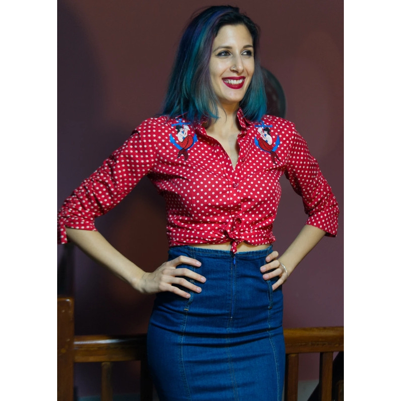 Camisa de lunares con mangas 3/4, roja, bordada, custom, estilo marinero. Pin-up, alternativo