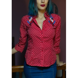 Camisa de lunares con mangas 3/4, roja, bordada, custom, estilo marinero. Pin-up, alternativo