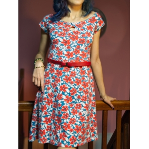 Vestido verano estampado, flores, azul y rojo, como nuevo. Estilo vintage