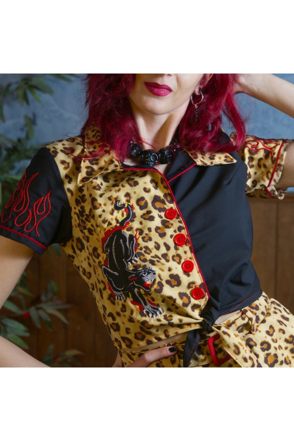 Camisa de manga corta Punkabilly de lazo, bordada, "Attenta, Morde"