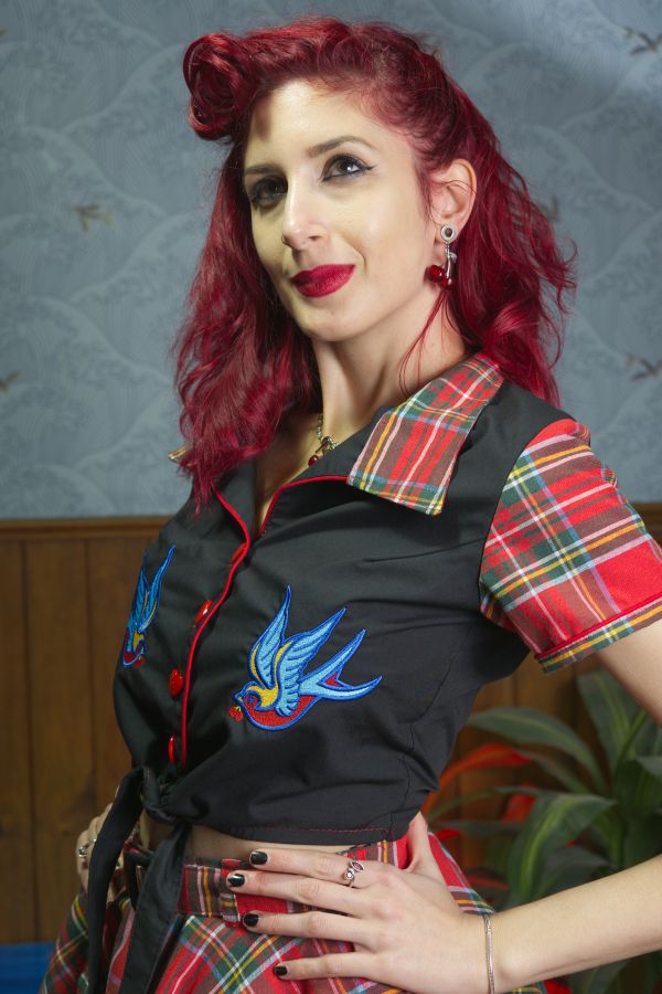 Camisa de manga corta Rockabilly, bordada "Sweet Swallow"