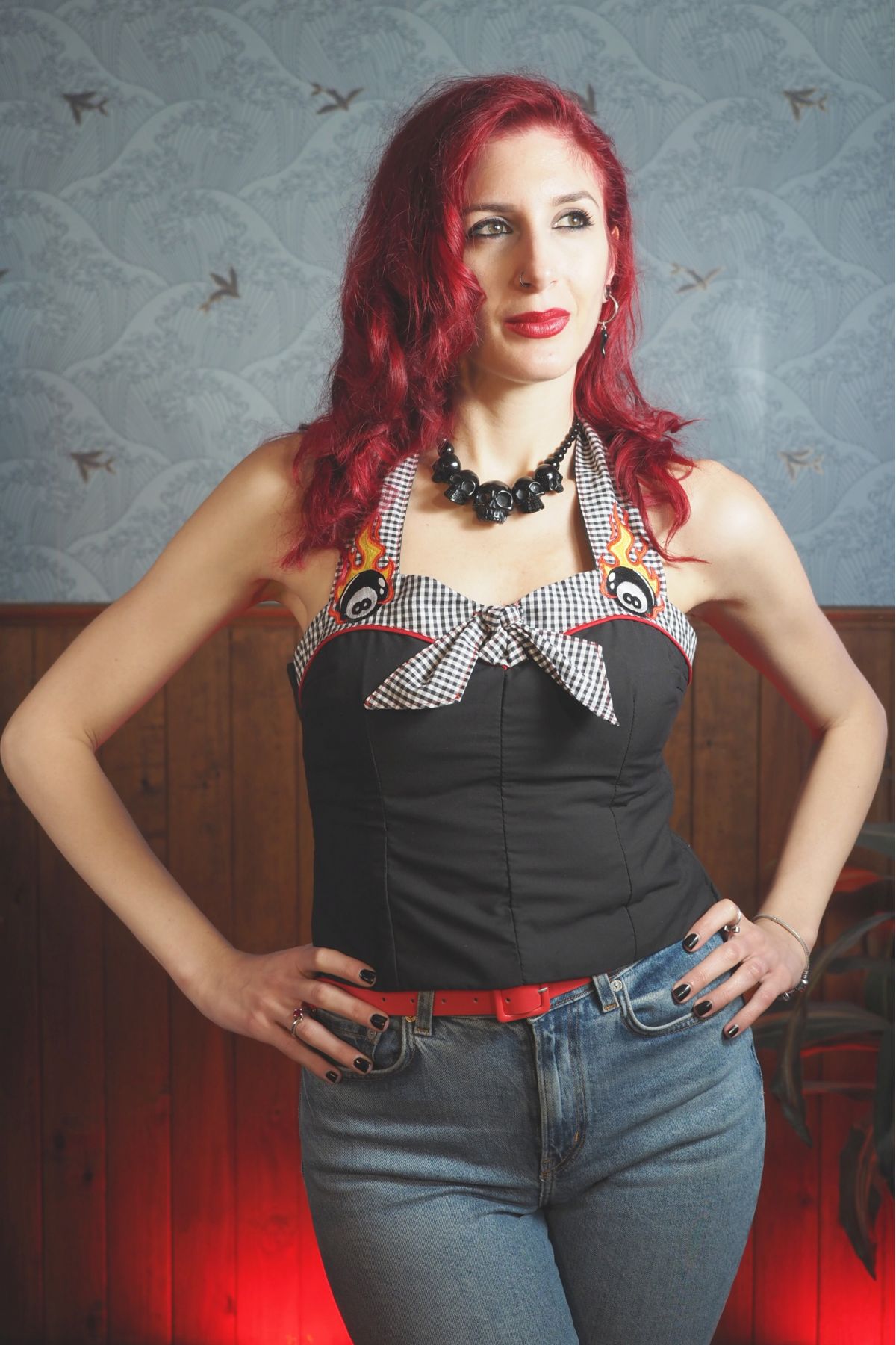 Top de tirantes Rockabilly con corset, bordado "Road 2 Rock"