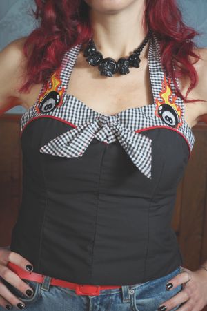Top de tirantes Rockabilly con corset, bordado "Road 2 Rock"