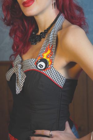 Top de tirantes Rockabilly con corset, bordado "Road 2 Rock"