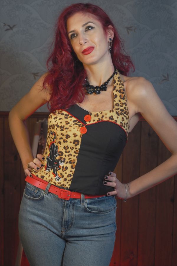 Top de tirantes Rockabilly con corset, bordado "Rage and Damage"