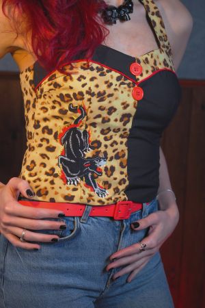 Top de tirantes Rockabilly con corset, bordado "Rage and Damage"