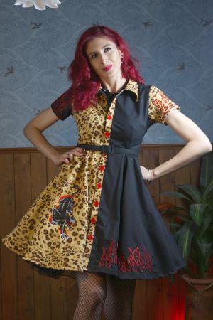 Vestido camisero Rockabilly bordado leopardo "Fire Panther"