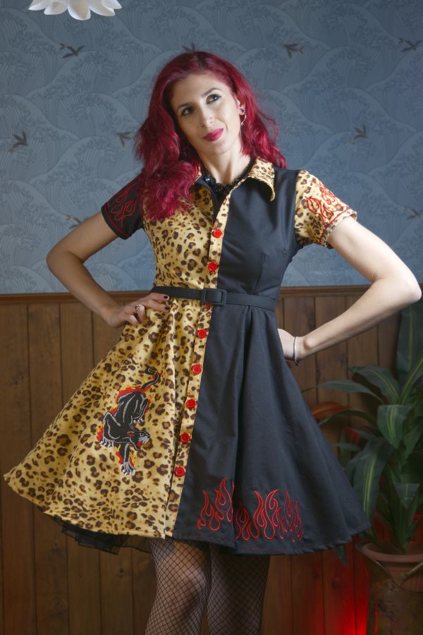 Vestido camisero Rockabilly bordado leopardo "Fire Panther"