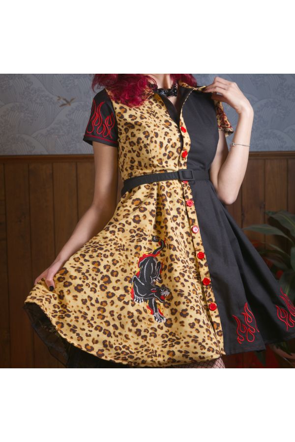 Vestido camisero Rockabilly bordado leopardo "Fire Panther"