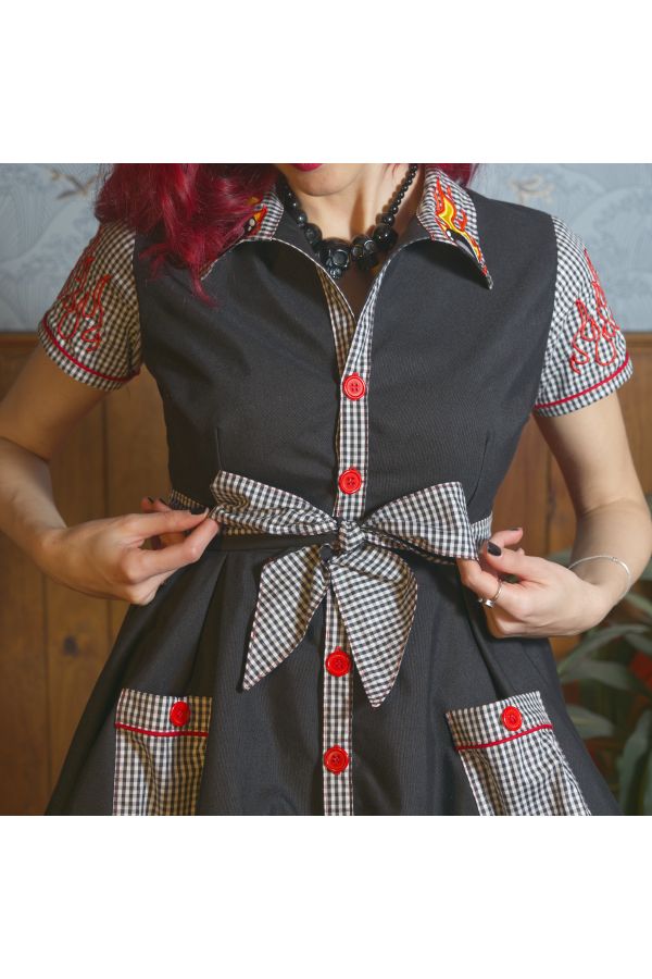 Vestido camisero Rockabilly bordado con lazo "Fire in the ball"