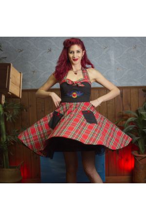 Vestido halter Rockabilly negro y tartán bordado "Wild Heart Swallow"