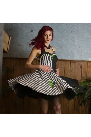 Vestido halter Psychobilly rayas y negro "Done with bones"