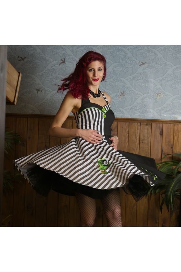 Vestido halter Psychobilly rayas y negro "Done with bones"