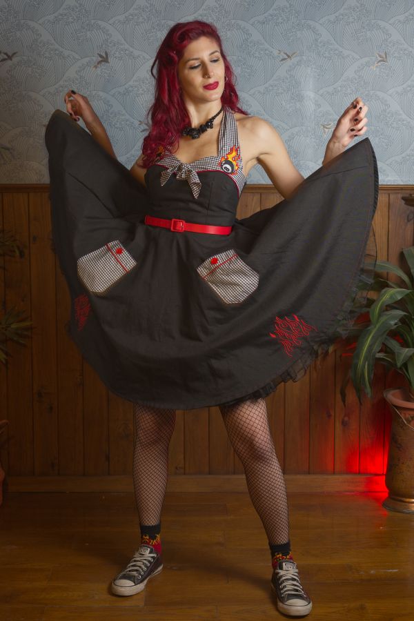 Vestido halter Rockabilly Hot Rod negro/vichy "Go Far with no Fog"