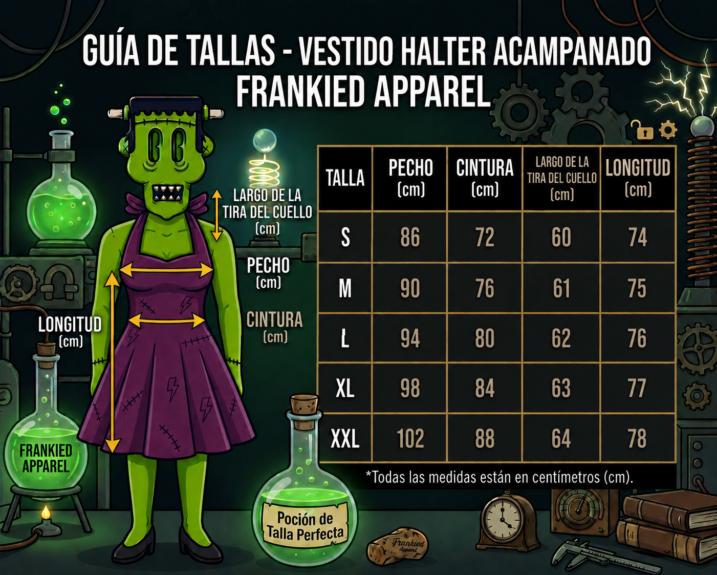 guía de tallas vestidos halter acampanados